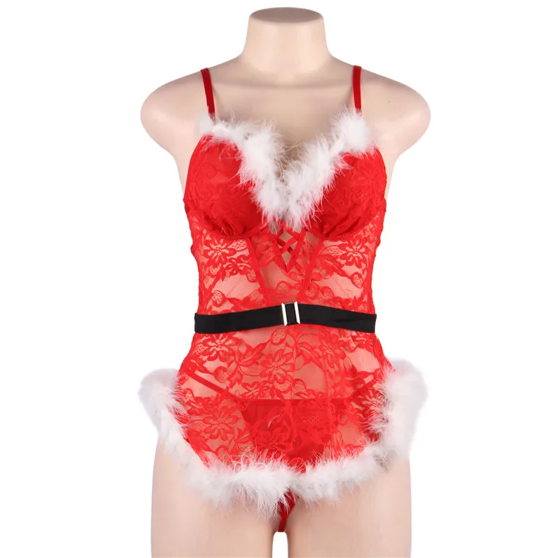 Comeondear Red Bodysuits Christmas Sexy Lingеrie Set Fur Teddies One Piece Cosplay Costume Curvy Mini Lingerie Sleepwear Women