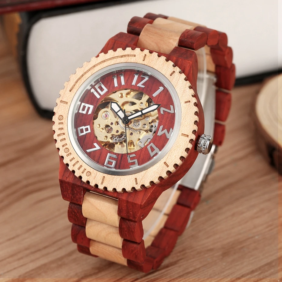 Vintage Red Wood Watch Mens Automatic Mechanical Wristwatches Wooden Band Watch Simple Round Dial Luxury Watch Relogio Masculino