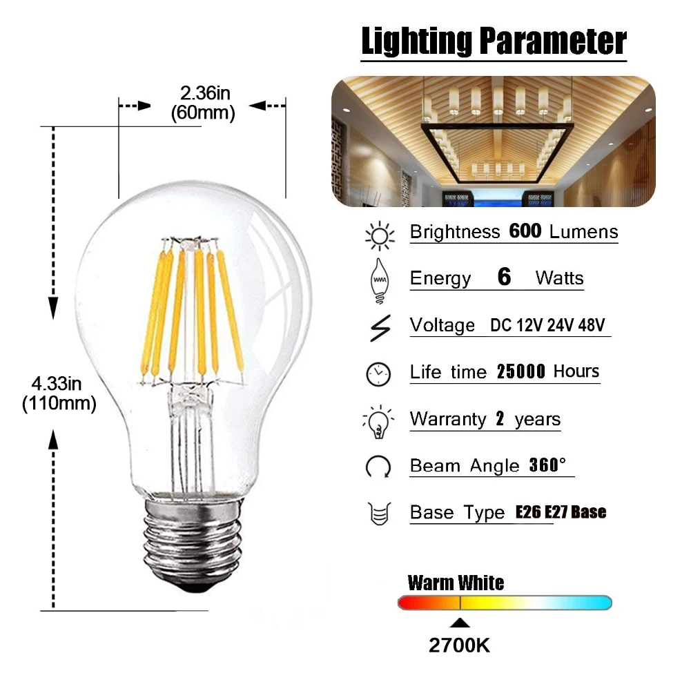 Bulbo do filamento do GANRILAND-LED, bulbos de globo de Edison, lâmpada branca morna, baixa tensão, DC12V 24V, A19 6W, 4500K, 4500K, 2700K, E26, E27