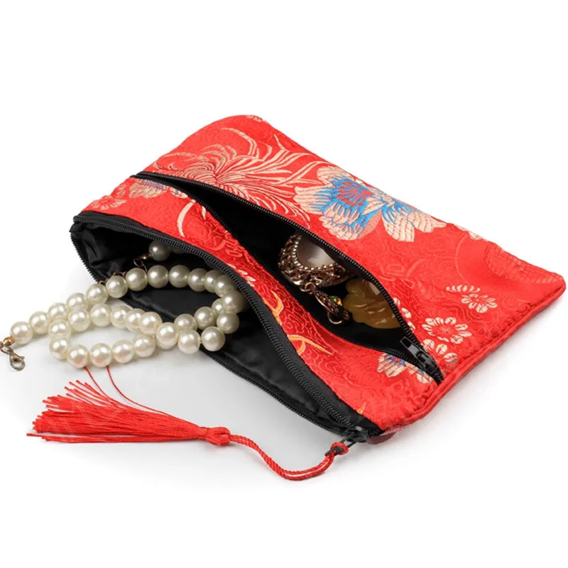 50pcs Custom Large Double Zipper Pouch Gift Bags Tassel Zip Purse Chinese Silk Brocade Makeup Cell Phone Jewelry Storage Pouches