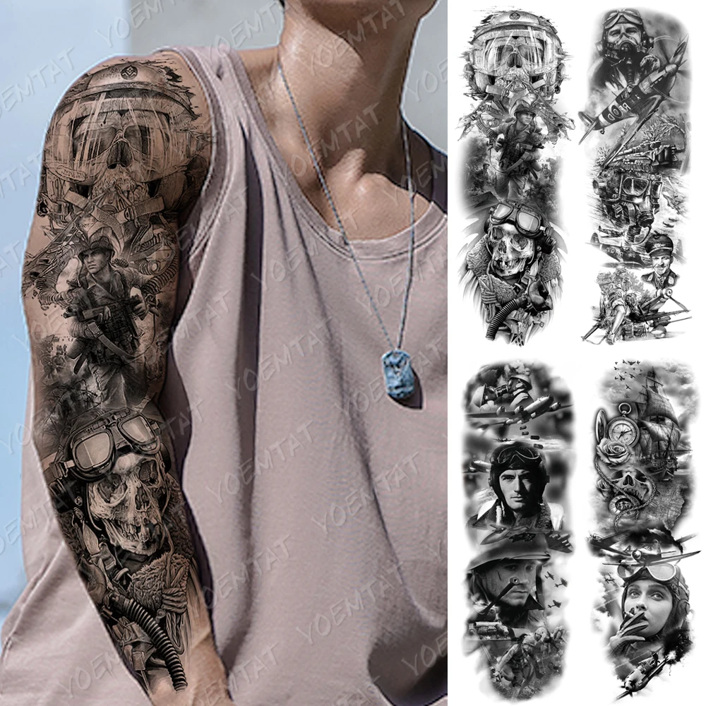 

Large Arm Sleeve Tattoo Airplane soldier Pilot Waterproof Temporary Tatto Sticker Sailing Compass Body Art Full Fake Tatoo Men