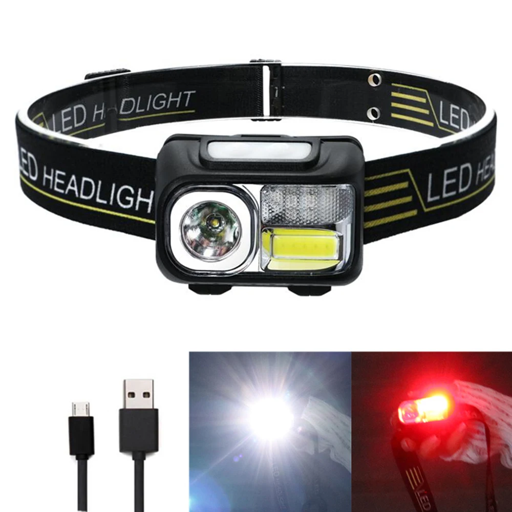 Sensing head lamp Induction Head light USB Rechargeable Headlamp + Built in Battery COB White / Red LED Fishing Flashlight