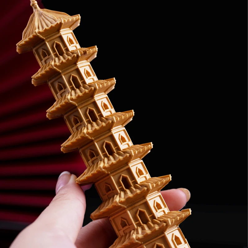 Leifeng Tower Feng Shui Sculpture - Detailed Wooden Miniature for Peaceful Home Decor