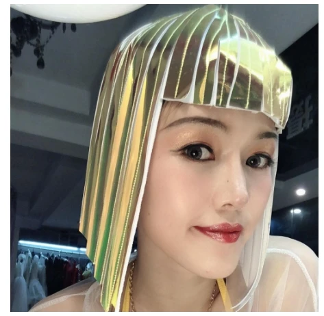 

Future Space Female Soldier Silver Gold Wig Ornament Bar Nightclub DJ Singer Dancer Cool Reflective Wig Headgear Show Mirror Wig