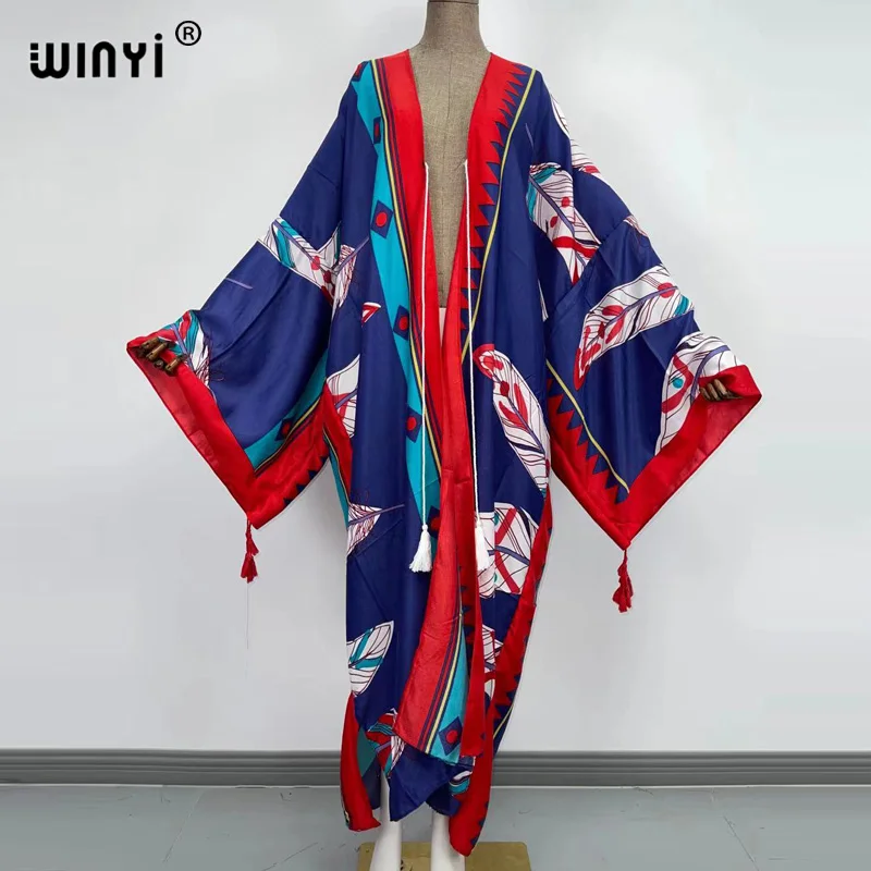 

Bikini cover-up traf Cotton Sweet Lady Pink Boho Print Self Belted Front Open Long Kimono Dress Beach Tunic Women Wrap Dresses