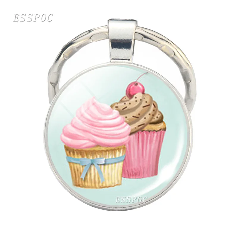 Cake Cup Keychain Cute Dessert Glass Cabochon Pendant Metal Keyring Handmade Cake Shop To Customer Gift