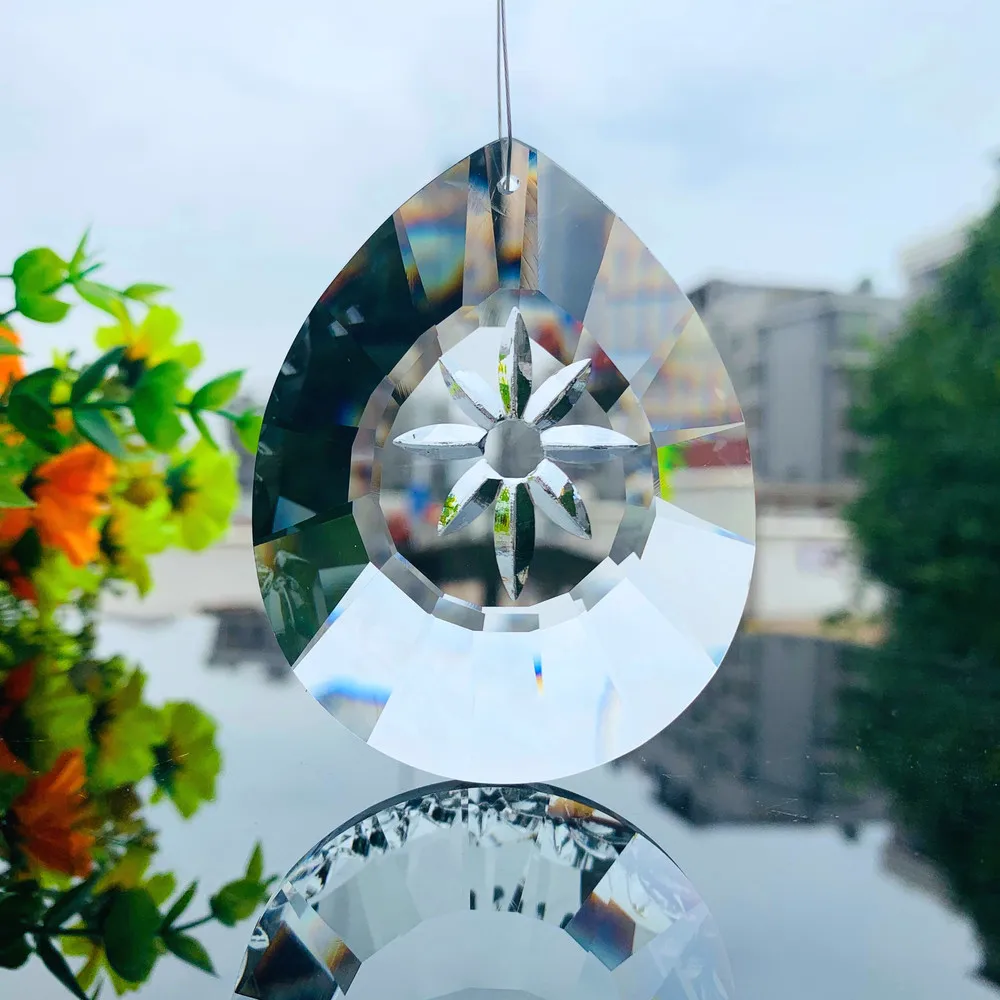 76mm Clear Daisy Crystals Prisms Hanging Suncatcher Glass Drop Pendant Chandelier Crystal Ornament Chrismas Home Wedding Decor