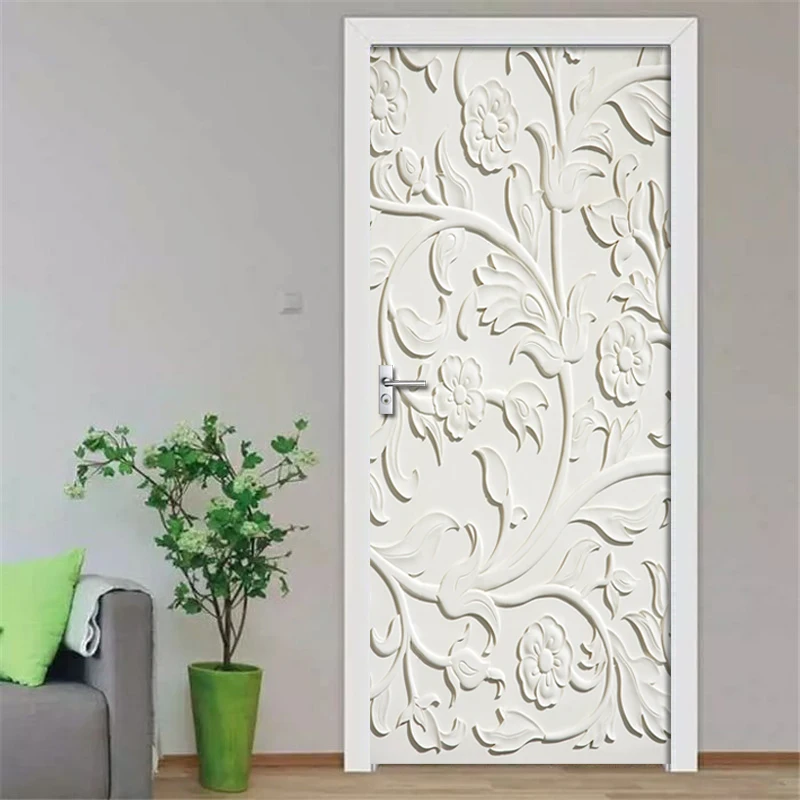 

2 Pcs/Set 3DWhite Embossed Flowers Stickers Door Wall Sticker DIY Mural Bedroom Home Decor Poster PVC Waterproof Door Sticker