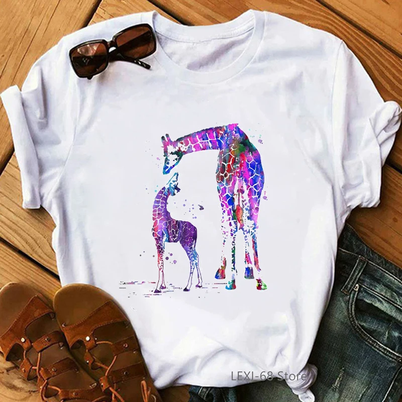 Watercolor Giraffe Zebra Elephant Dinosaur Unicorn Animal Print T-Shirt Women Funny Tshirt Femme Harajuku Kawaii Clothes T Shirt