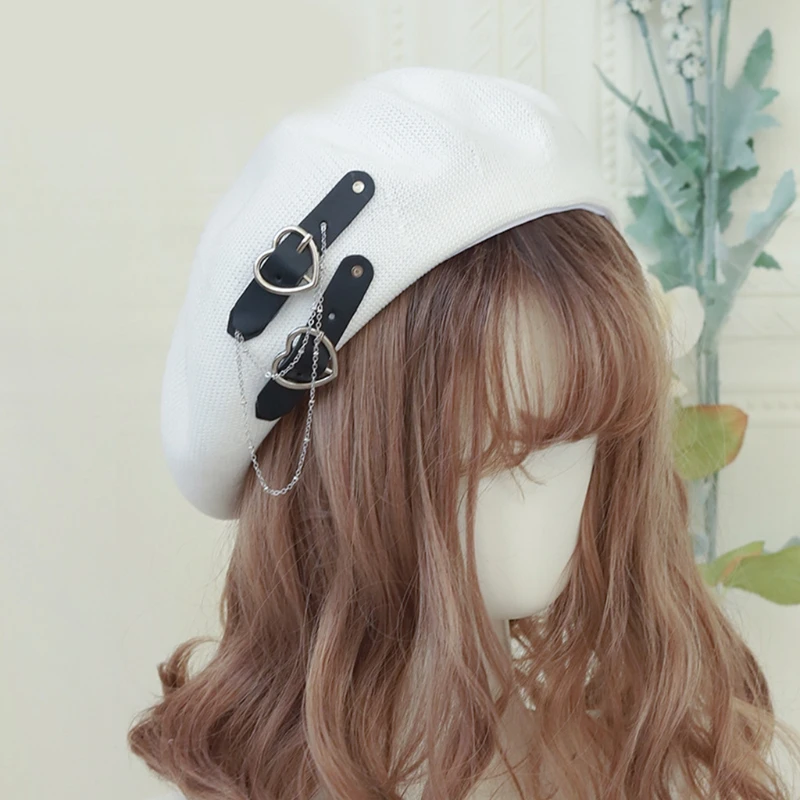 Lolita Girls Heart Buckle Beanie JK Hat Sweet Cool Hair Accessories Fashion Beret Breathable Preppy Style Lolita Hat