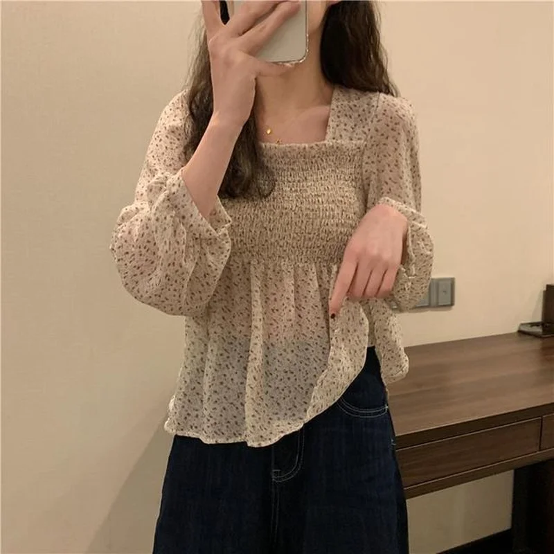 Blouse Women Sweet Korean Style Lovely Ladies Simple Lantern Sleeve Ruffles Popular Square Collar Thin Prairie Chic Holiday Tops