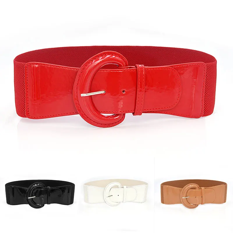 Women Luxury Waist Belts For Dress Pu Patent Leather Elastic Band Waist Belt Solid Black Red White Wide High Quality Waistband