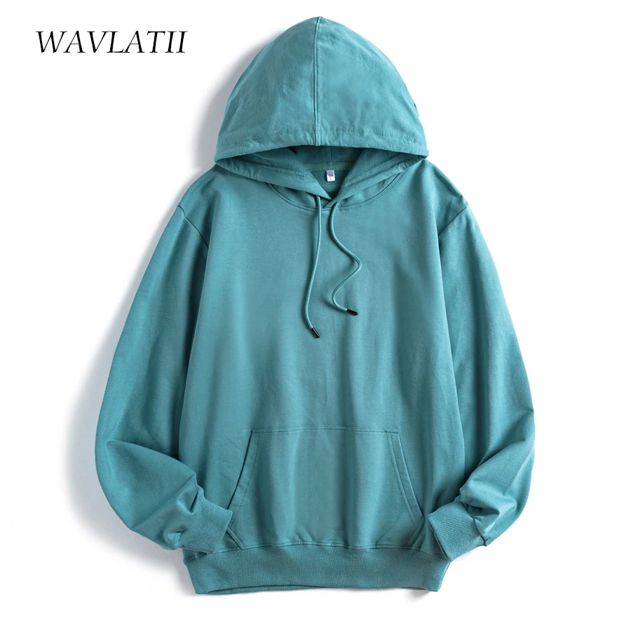 WAVLATII New Women Cotton Terry Hoodies Lady Casual Hooded Sweatshirts Female Blue Green Tops WH2101