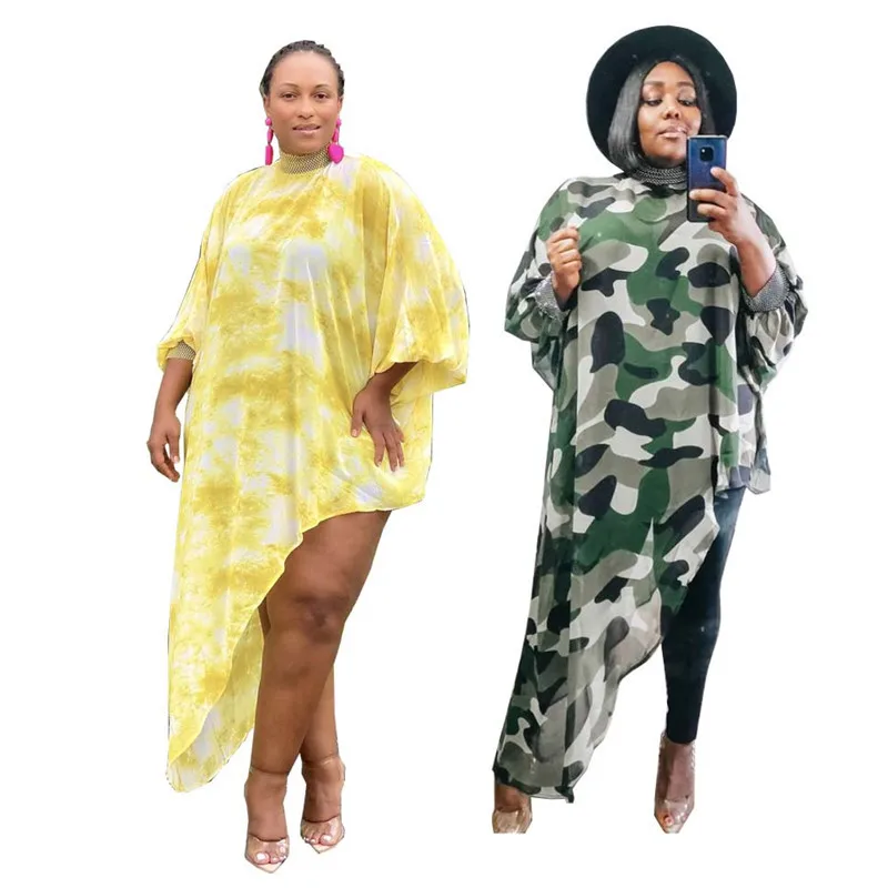 New Fashion Irregular Camouflage High Side Split Casual Dresses Women Sequin Patchwork Batwing Sleeve Loose Party Long Dress