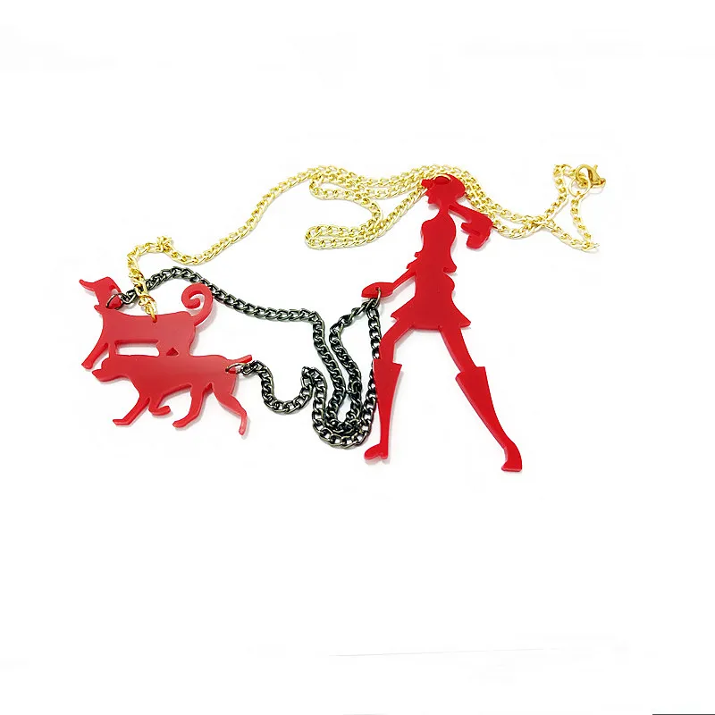 KUGUYS Fashion Acrylic Jewelry Women Red Walking the Dog Woman Pendant Necklace Link Chain Trendy Poodle Necklaces