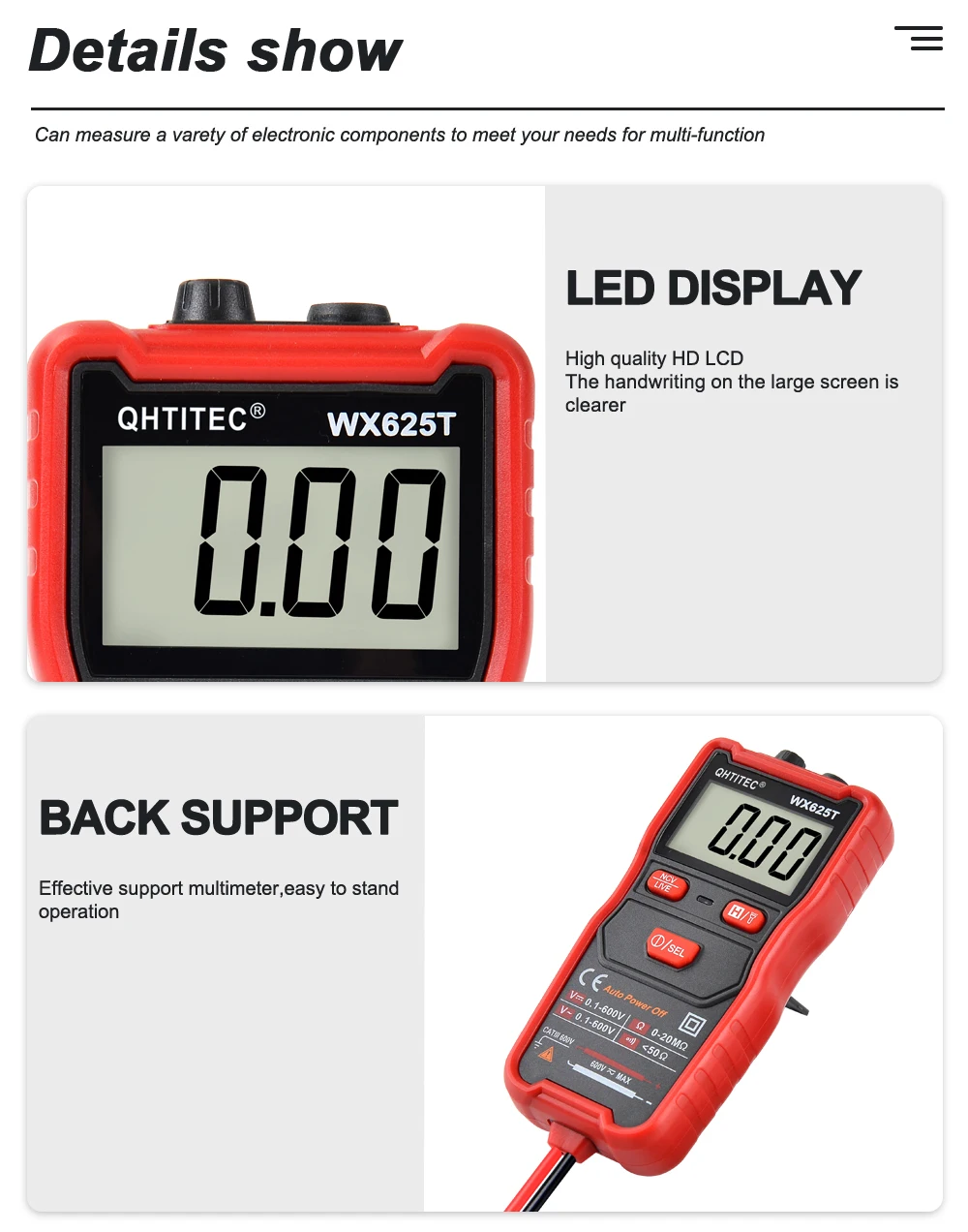 Multimetro digitale 625T che varia automaticamente tensione AC/DC ohm Display LCD accurato portatile Multimetro con linea di Test QHTITEC JCD 2022