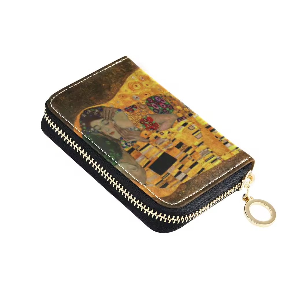 The Kiss by Gustav Klimt Carteira feminina porta-cartões de couro porta-cartões feminino 9 bits + 2 posições grandes carteira com zíper bolsa para cartão