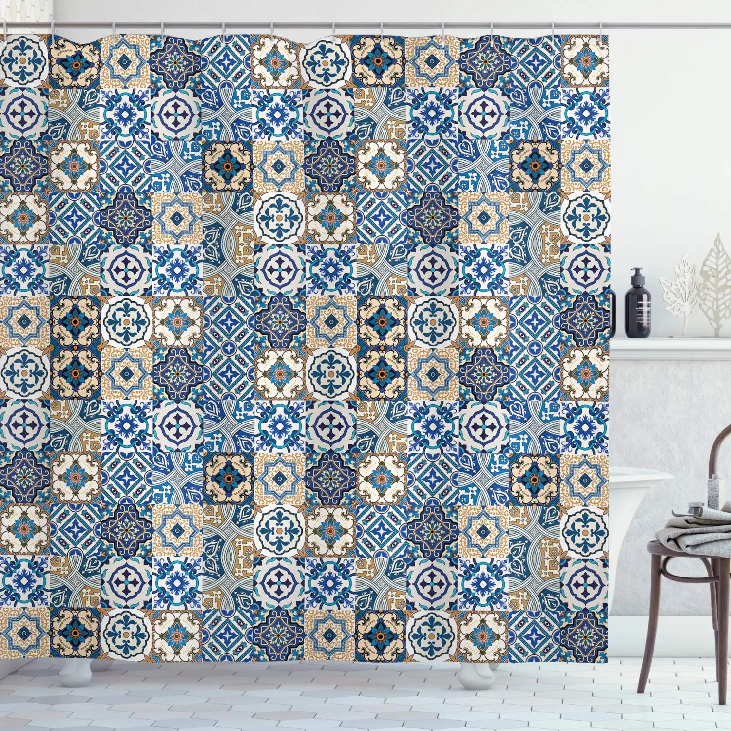 Moroccan Shower Curtain Tile Pattern with Portuguese Traditional Azulejo Motifs Oriental Curls Bathroom Curtains Decor Set