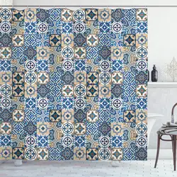 Moroccan Shower Curtain Tile Pattern with Portuguese Traditional Azulejo Motifs Oriental Curls Bathroom Curtains Decor Set