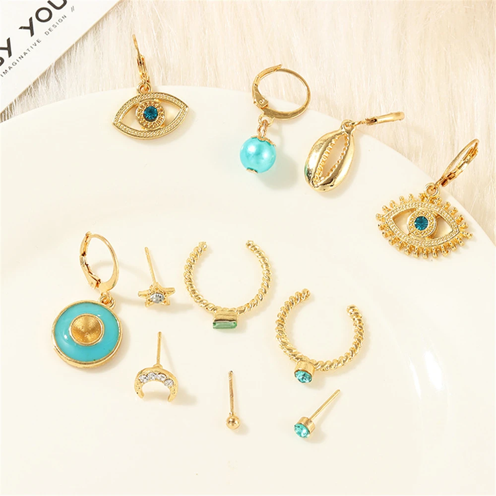 Boho Vintage Geometric Drop Earrings For Women 2020 Eyes Moon Shell Star Crystal Faux Pearls Pendant Earring Set Female Jewelry