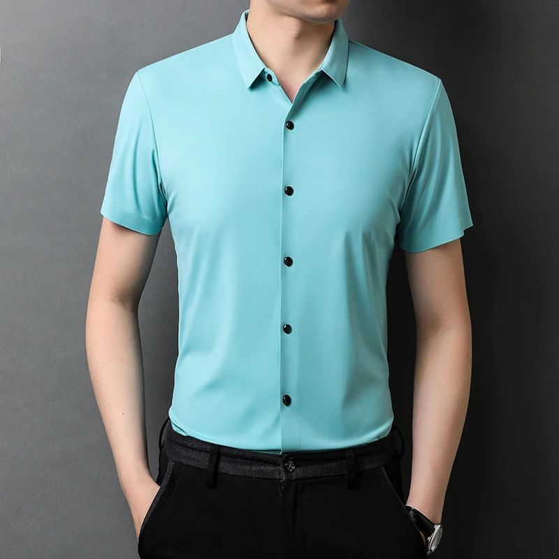 

Men's Seamless Shirts Summer Pure Color Smooth Clothes Short Sleeve Man Office Soft Dress Shirts Buttons Up