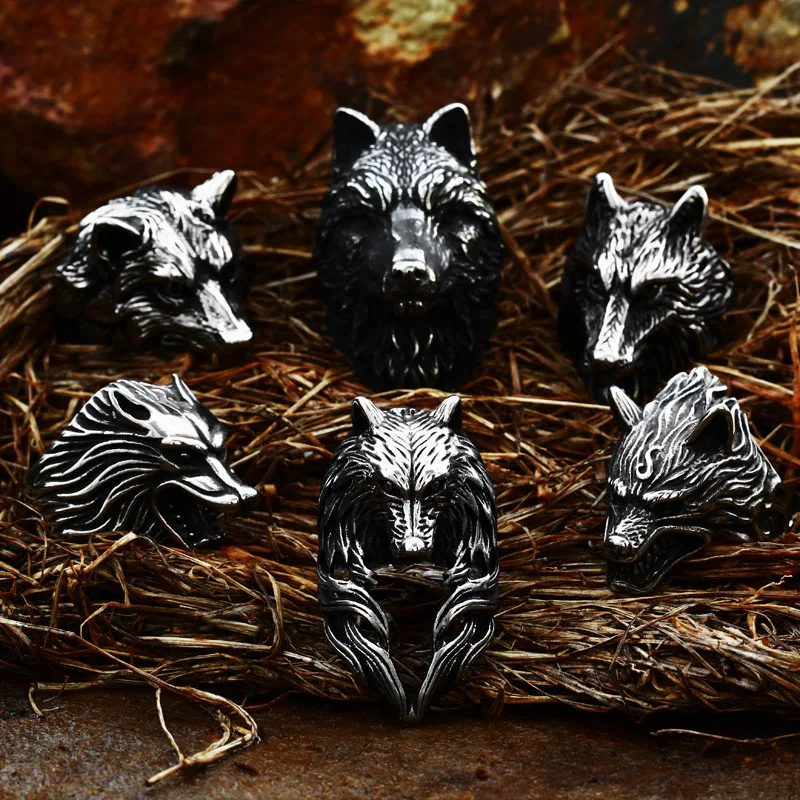 steel soldier Stainless Steel Punk style Domineering animal ice wolf ring Dark vintage series Fashion unique Jewelry