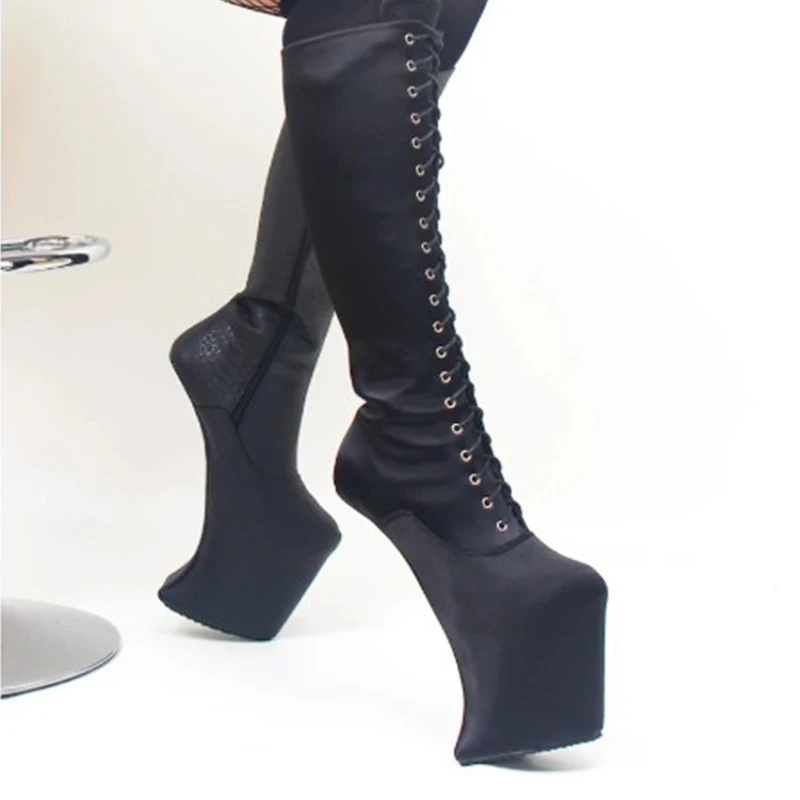 Women Knee-High Boots Strange Hoof Sole 22CM Super High Heel Platform Sexy Cross-tied Boots