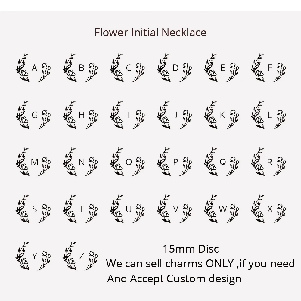 Disco alfabeto com letras florais para fazer joias, de alta qualidade, flor selvagem, amuletos iniciais, letras florais, disco para faça-você-mesmo, 15mm, 5 cabeças