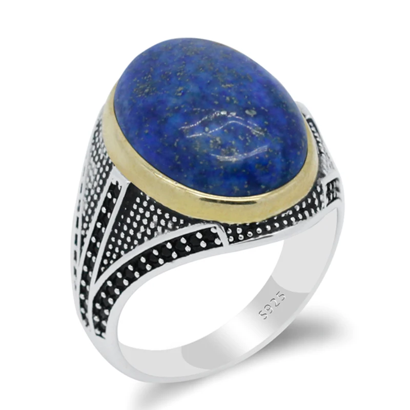 

Pure 925 Silver Male Ring Blue Natural Lapis Stone Exquisite Handcrafted Finger Rings Fashion Wedding/Engagement Gift Fine Jewe