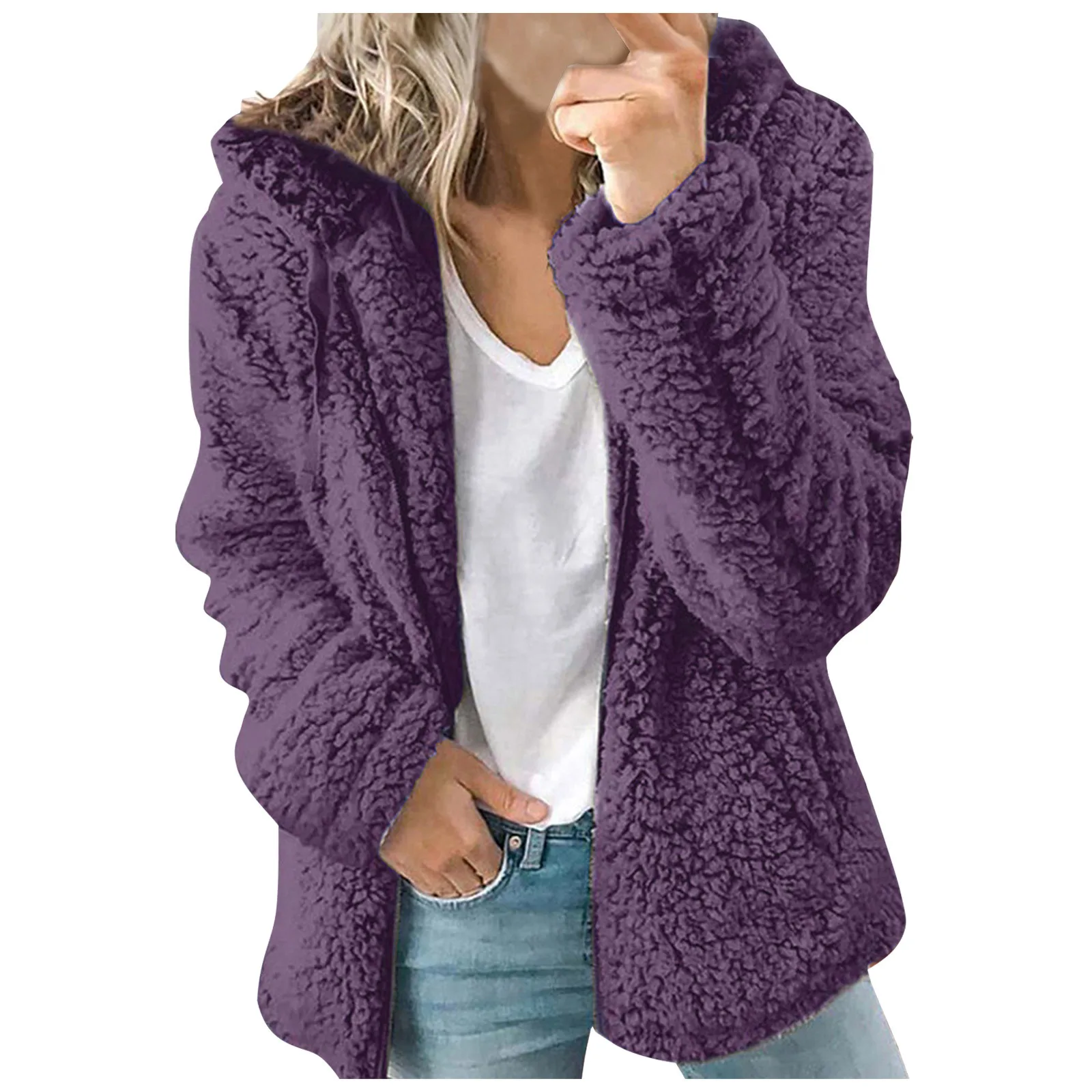 Women's Winter Warm Jacket Large Fleece Fluffy Zipper Hooded Cardigan Jacket Street New Teddy Plush Loose Padded Clothing 4