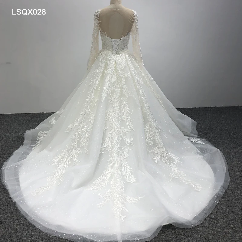 LSQX028 2021 princesse luxury wedding dress long sleeve v neck plus size a line wedding dress vestido de novia para boda civil