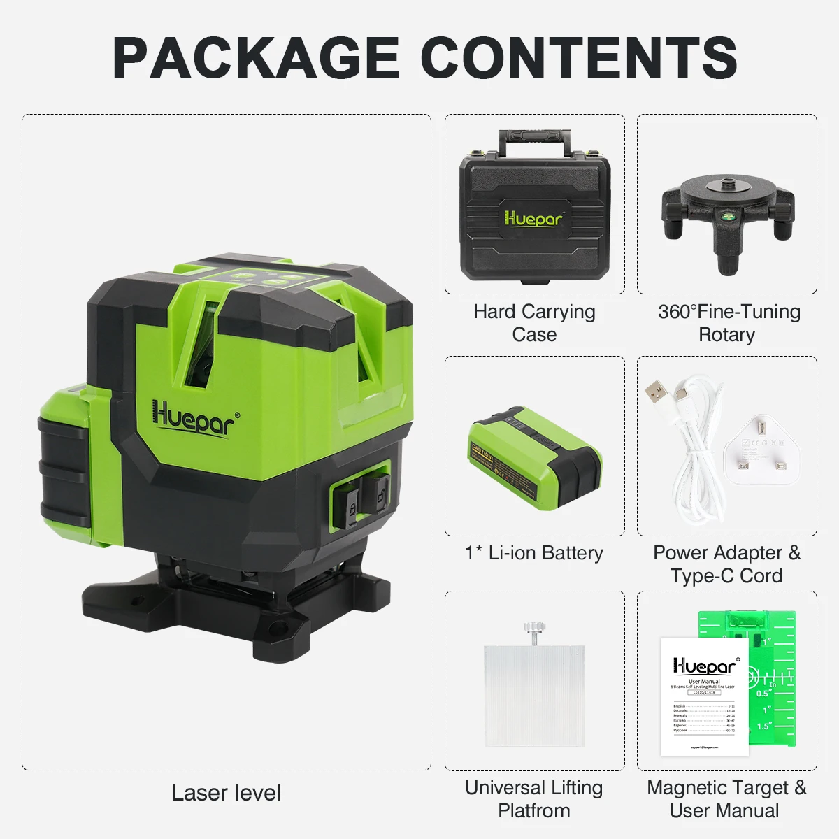 Huepar Cross Line Laser Level Green 360° Horizontal &Vertical Line & Plumb Dot Self-Leveling Li-ion Battery Type-C Charging Port