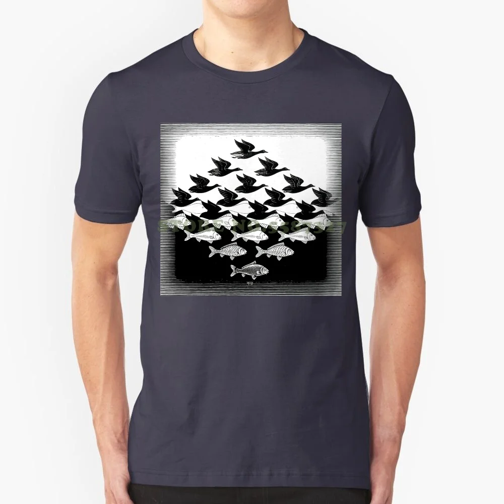 Camiseta Vintage M C Escher Sky Water Reprint para hombres, camisetas divertidas de Hip Hop para hombres Mc, pájaros y peces, venta al por mayor barata, nueva