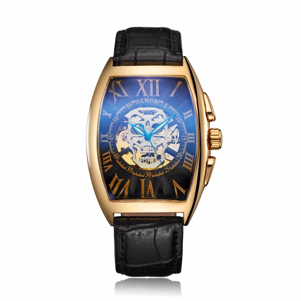 Skull Watches Men Mechanical Watches Sewor Automatic Mechanical Wristwatch Men Fashion Tonneau Watches Men Leather Band