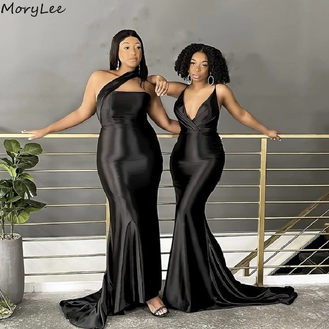 Black Bridesmaid Dresses Sleeveless Sweep Train Mermaid Silk Satin Pleated Wedding Bridesmaid Gowns With Lace Up Back AliExpress