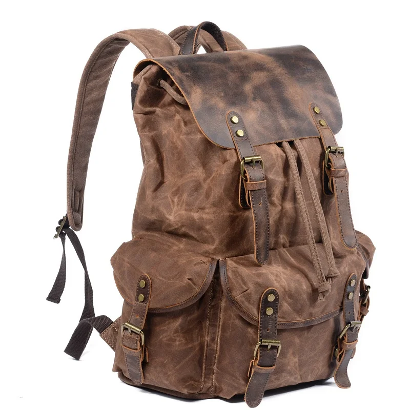 Waterproof Canvas Backpacks For Men Leather Laptop Rucksack Retro Big Capacity Travel Bag Trend Street Young Motorcycle Daypacks