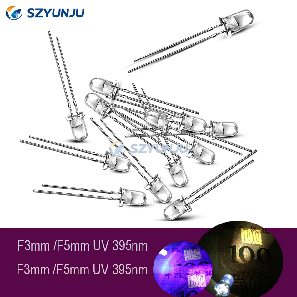 F5mm F3mm LED Purple Ultra Violet Ultra Bright 395nm 365nm  UV LED Diode Light Emitting Lamp 20mA 5 mm Round Water Clear Lens