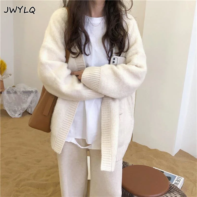 Casual Loose Knitted Cardigan Women Korean Fashion V Neck Oversized Sweaters Vintage Woman Solid Long Sleeve Sweater Coats Mujer