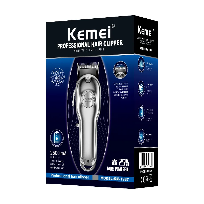 Kemei 1987 Professional Electric All Metal Hair Clipper Powerful Cordless Hair Trimmer Men Silver Gold Haircut Machine Barber