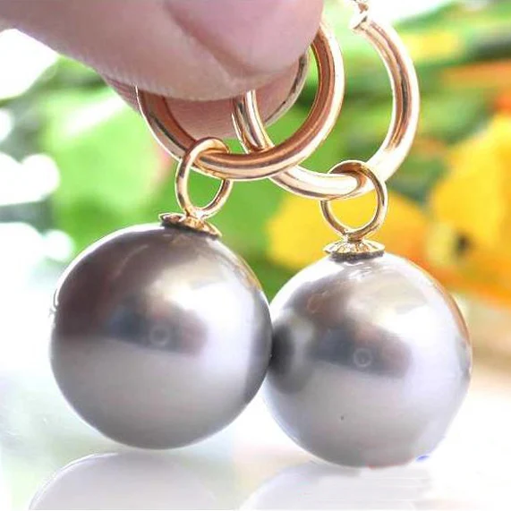 New Arrival Favorite Pearl Earring 16mm Round Gray Sea Shell Pearl Gold Dangle Earring Charming Lady Gift Wedding Jewelry