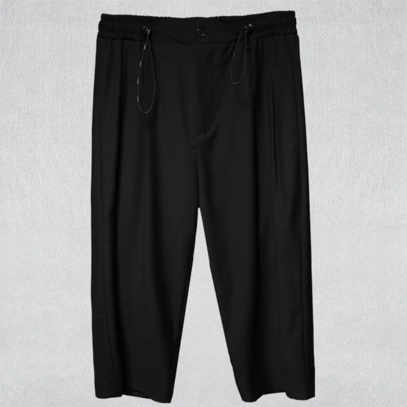 Eight-Quarter Pants Suit Pants Elastic-Waist Casual Pants Black High-Waisted Wide-Leg Pants Men's Stylish Baggy Belt Decoration