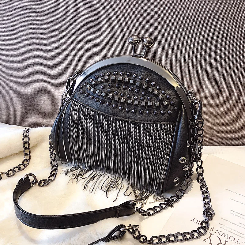 Fringe Designer Insert Rivet Vintage Fashion PU Leather Chain Women Shoulder Crossbody Bag Shell Bags Women\'s Handbags Purses