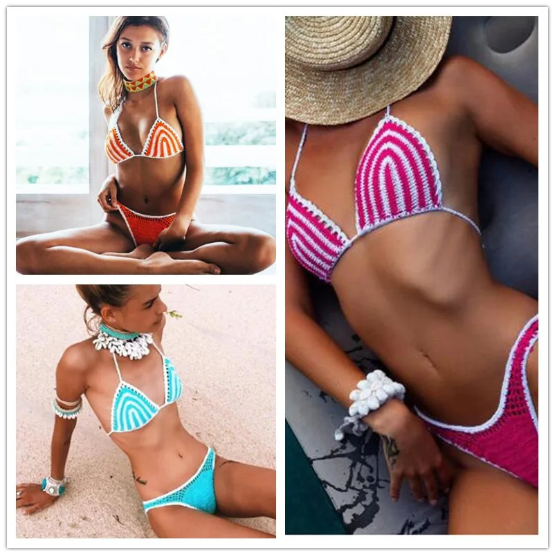 

Купальник женский трикотажный треугольный, пикантное бикини, вязаное крючком, Женский комплект 2 шт., бразильский купальник с чашками пуш-ап, пляжная одежда