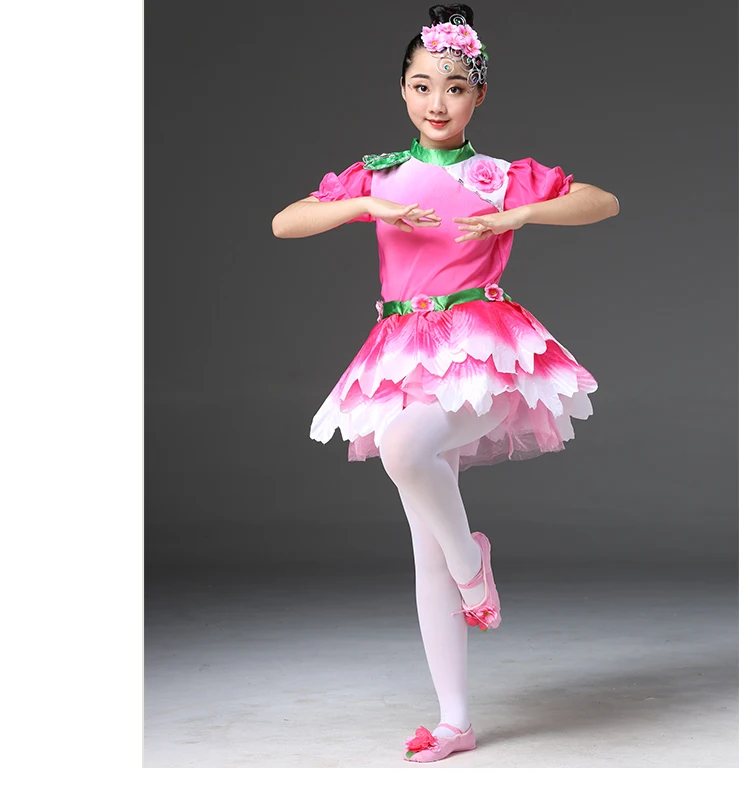 Ropa de baile de escenario para niños, traje con patrón de pétalos de melocotón, jasmine, abanico