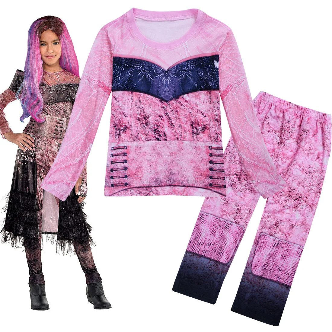 Descendants 3 Halloween Costume for Kids Mal Bertha Cosplay Fantasia Clothing Girl Casual Home Wear Pajama Set Shirts + Pants