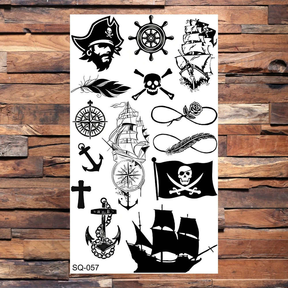 Badge Pirate Temporary Tattoos For Men Adults Realistic Infinite Pirate Ship Lighthouse Fake Tattoo Sticker Body Arm Tatoos DIY