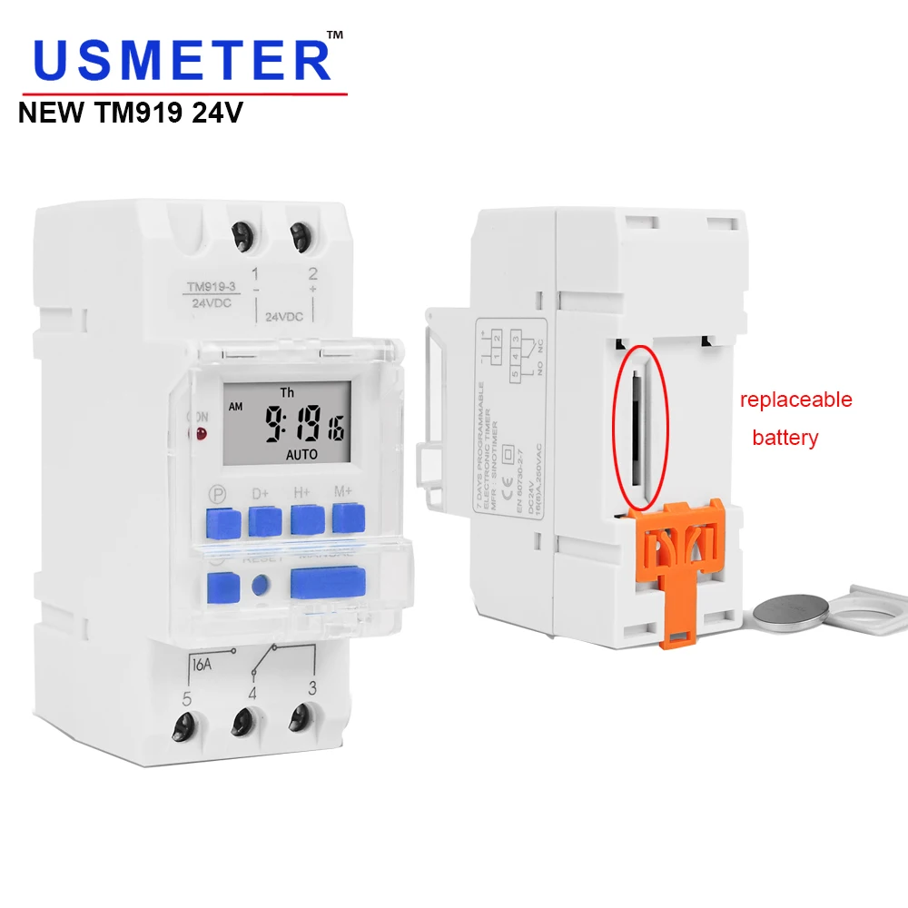 TM919A-3 DC 24V 16A Digital LCD Timer Time Relay Programmer for Pool Gate Sprinklers Control with 1NO/NC Replaceable Battery