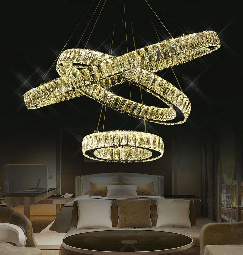 Modern crystal ring chandelier, stepless dimming Pendant Light with three light colors, warm light, neutral light, white light