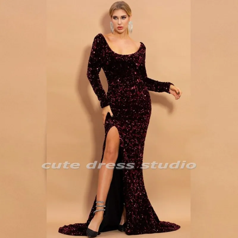 Borgonha escura sereia vestidos de noite manga longa lantejoulas colher dividir vestidos de festa de formatura feito sob encomenda vestido de convidado de casamento