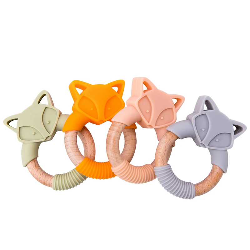 

Silicone Baby Teether Wooden Rings Teether Fox Animals Rodents Beech Wood Rattles Chew Fox Rings Baby Products 5 pcs